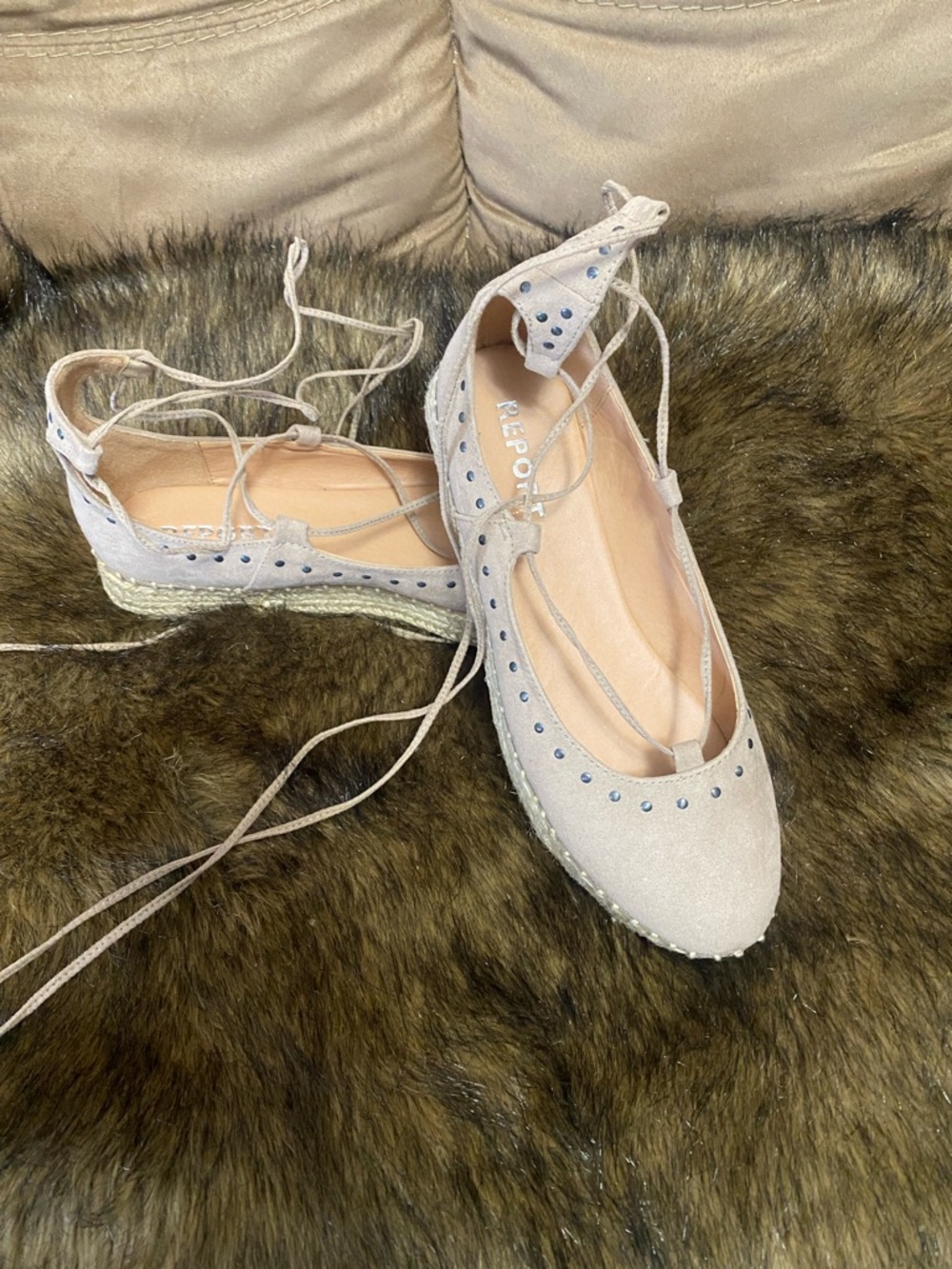 Lace-Up Espadrille Flats in Light Beige - Women's Shoes